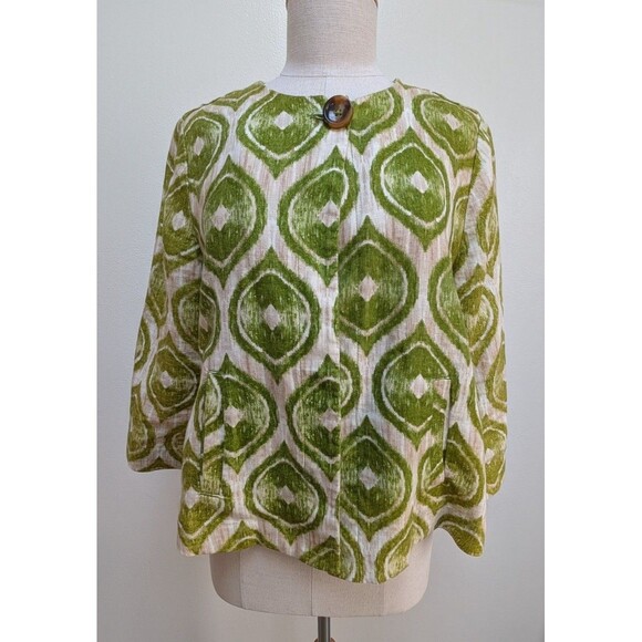 Chico’s 100% Linen Jacket Ikat Print 3/4 Sleeve Single Button Size 1 M / 8-10 - Picture 1 of 7